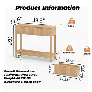 English Elm Mid-Century Fluted Oak Console Table with Drawers Open Shelf Slim Entryway Accent W2557P515569