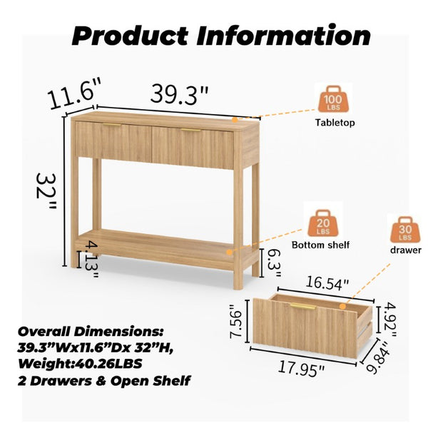 English Elm Mid-Century Fluted Oak Console Table with Drawers Open Shelf Slim Entryway Accent W2557P515569
