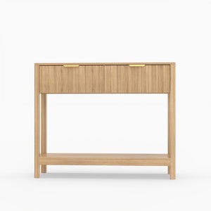 English Elm Mid-Century Fluted Oak Console Table with Drawers Open Shelf Slim Entryway Accent W2557P515569