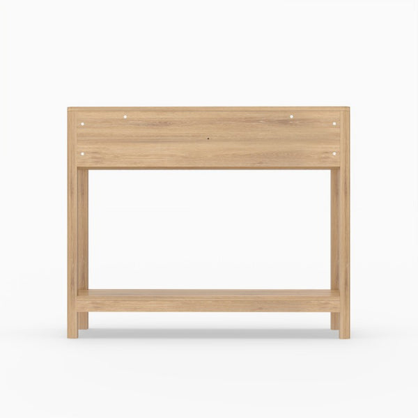 English Elm Mid-Century Fluted Oak Console Table with Drawers Open Shelf Slim Entryway Accent W2557P515569