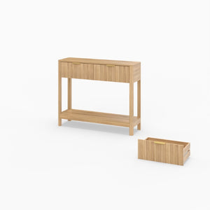 English Elm Mid-Century Fluted Oak Console Table with Drawers Open Shelf Slim Entryway Accent W2557P515569