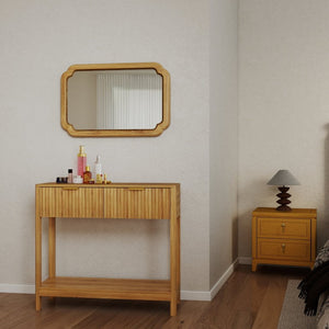 English Elm Mid-Century Fluted Oak Console Table with Drawers Open Shelf Slim Entryway Accent W2557P515569