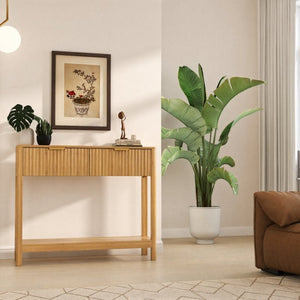 English Elm Mid-Century Fluted Oak Console Table with Drawers Open Shelf Slim Entryway Accent W2557P515569