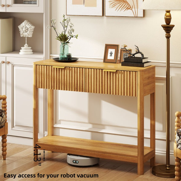 English Elm Mid-Century Fluted Oak Console Table with Drawers Open Shelf Slim Entryway Accent W2557P515569