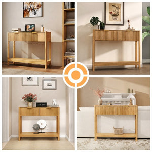English Elm Mid-Century Fluted Oak Console Table with Drawers Open Shelf Slim Entryway Accent W2557P515569