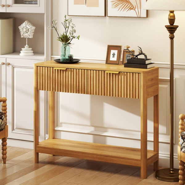 English Elm Mid-Century Fluted Oak Console Table with Drawers Open Shelf Slim Entryway Accent W2557P515569