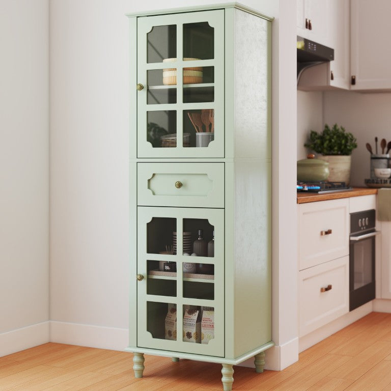 English Elm 61 Inch Farmhouse Pantry Cabinet Mint Green Tempered Glass Doors Drawer Kitchen Storage W2557P534293