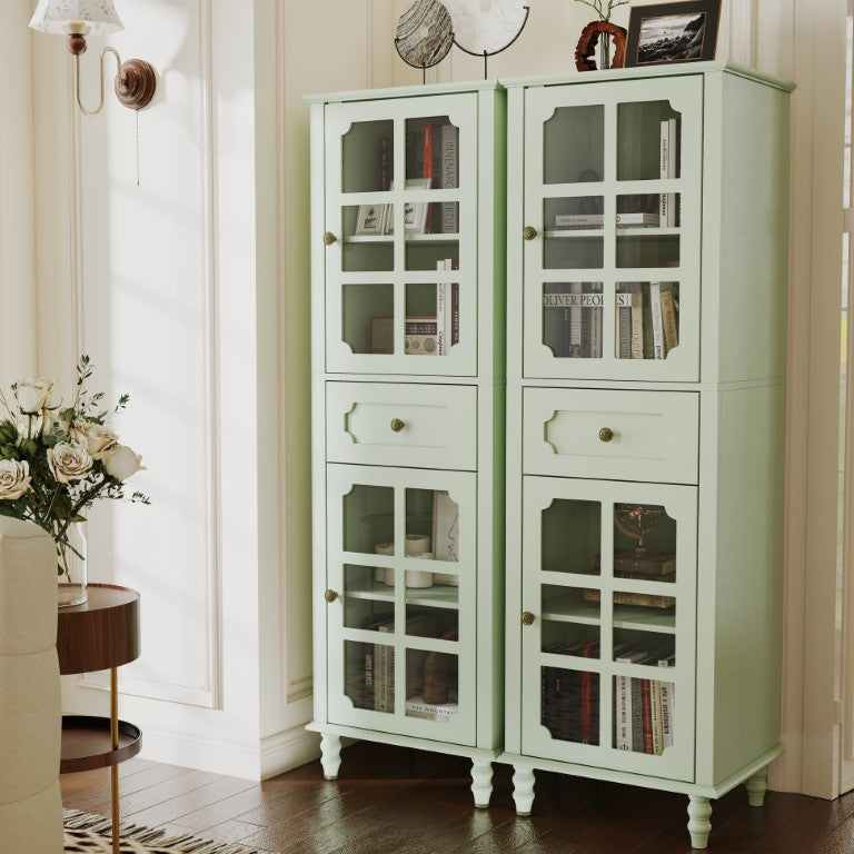 English Elm 61 Inch Farmhouse Pantry Cabinet Mint Green Tempered Glass Doors Drawer Kitchen Storage W2557P534293