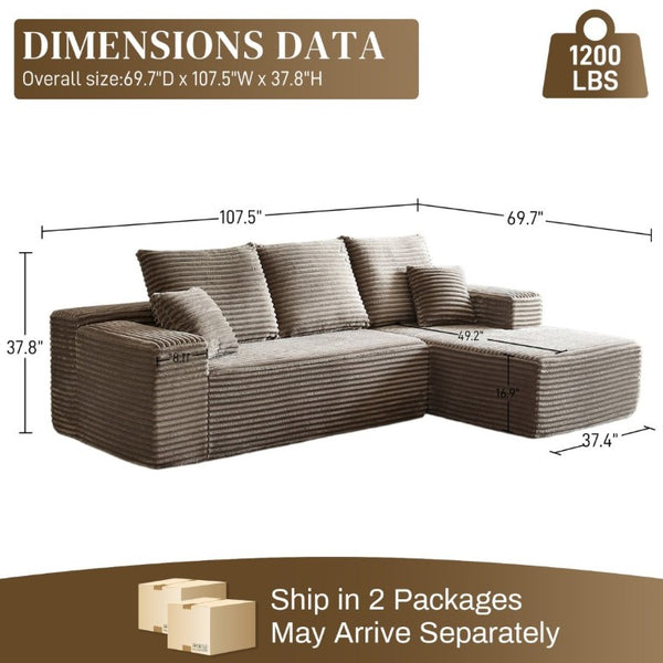 English Elm 107-Inch Corduroy Modular Sectional Sofa with Reversible Chaise for Open Living Spaces Brown - B W2564S00073