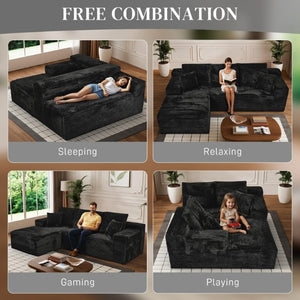 English Elm 107-Inch Corduroy Modular Sectional Sofa with Reversible Chaise for Open Living Spaces Black - A W2564S00074
