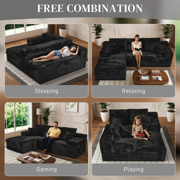 English Elm 107-Inch Corduroy Modular Sectional Sofa with Reversible Chaise for Open Living Spaces Black - A W2564S00074