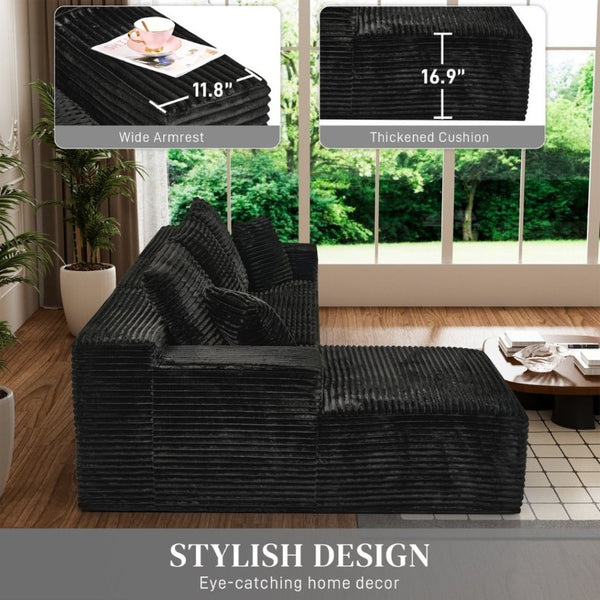 English Elm 107-Inch Corduroy Modular Sectional Sofa with Reversible Chaise for Open Living Spaces Black - A W2564S00074