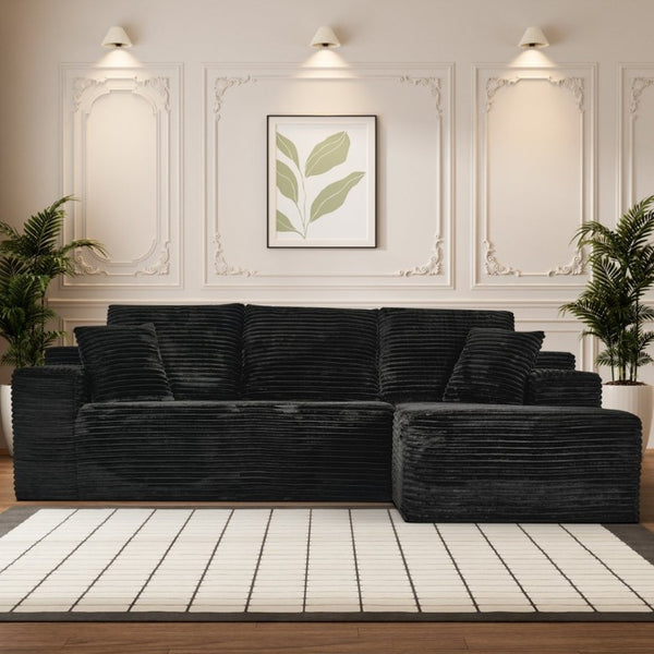 English Elm 107-Inch Corduroy Modular Sectional Sofa with Reversible Chaise for Open Living Spaces Black - A W2564S00074