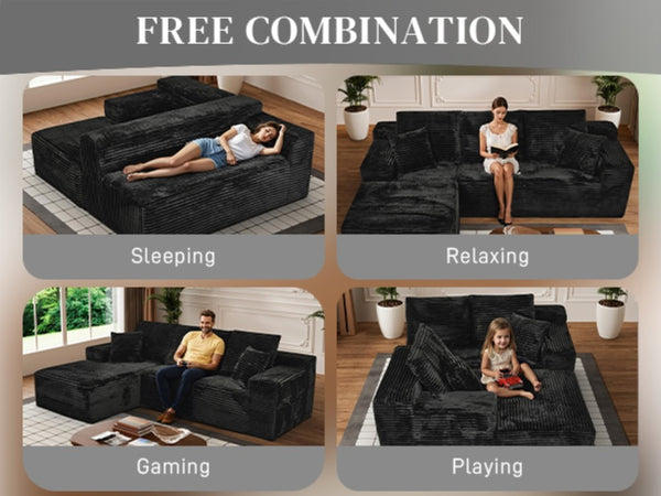 English Elm 107-Inch Corduroy Modular Sectional Sofa with Reversible Chaise for Open Living Spaces Black - A W2564S00074