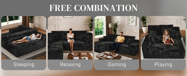 English Elm 107-Inch Corduroy Modular Sectional Sofa with Reversible Chaise for Open Living Spaces Black - A W2564S00074