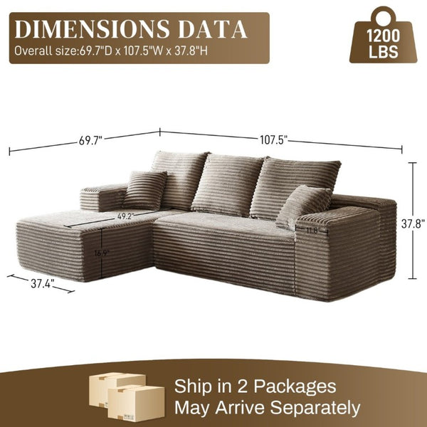 English Elm 107-Inch Corduroy Modular Sectional Sofa with Reversible Chaise for Open Living Spaces Brown - A W2564S00075