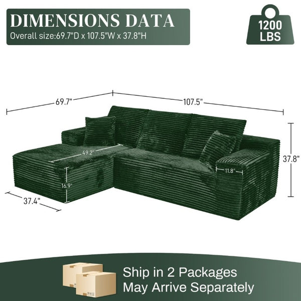 English Elm 107-Inch Corduroy Modular Sectional Reversible Chaise Plush Cloud Cushion Lounge Sofa W2564S00076