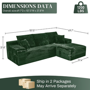 English Elm 107-Inch Corduroy Modular Sectional Sofa with Reversible Chaise for Open Living Spaces Green W2564S00077