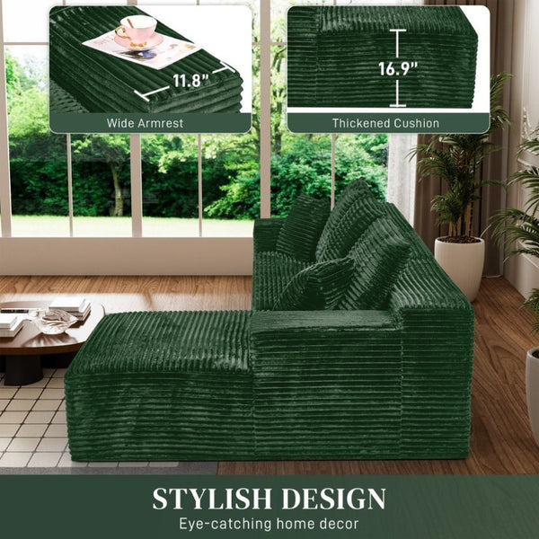 English Elm 107-Inch Corduroy Modular Sectional Sofa with Reversible Chaise for Open Living Spaces Green W2564S00077