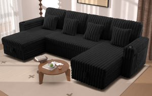 English Elm Oversized U-shaped Corduroy Sectional with Pull Out Sleeper Storage Chaise Usb Ports Black W2564S00080