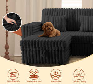English Elm Oversized U-shaped Corduroy Sectional with Pull Out Sleeper Storage Chaise Usb Ports Black W2564S00080