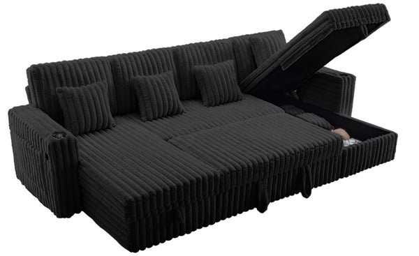 English Elm Oversized U-shaped Corduroy Sectional with Pull Out Sleeper Storage Chaise Usb Ports Black W2564S00080