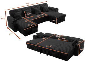 English Elm Oversized U-shaped Corduroy Sectional with Pull Out Sleeper Storage Chaise Usb Ports Black W2564S00080