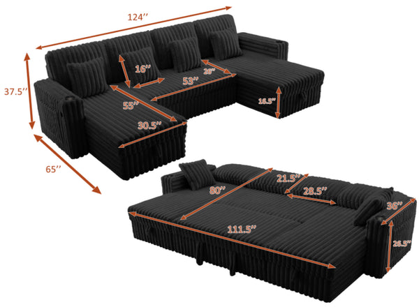 English Elm Oversized U-shaped Corduroy Sectional with Pull Out Sleeper Storage Chaise Usb Ports Black W2564S00080