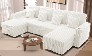 English Elm Oversized U-shaped Corduroy Sectional with Pull Out Sleeper Storage Chaise Usb Ports Beige W2564S00081