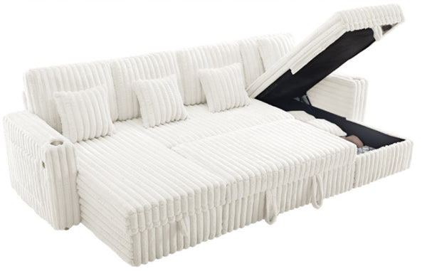 English Elm Oversized U-shaped Corduroy Sectional with Pull Out Sleeper Storage Chaise Usb Ports Beige W2564S00081