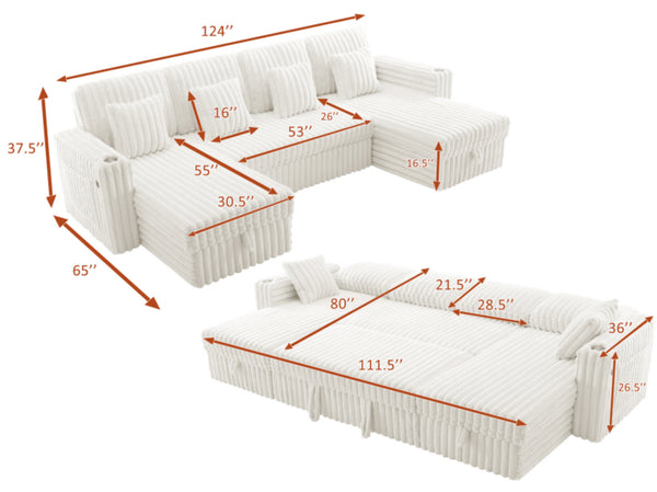 English Elm Oversized U-shaped Corduroy Sectional with Pull Out Sleeper Storage Chaise Usb Ports Beige W2564S00081