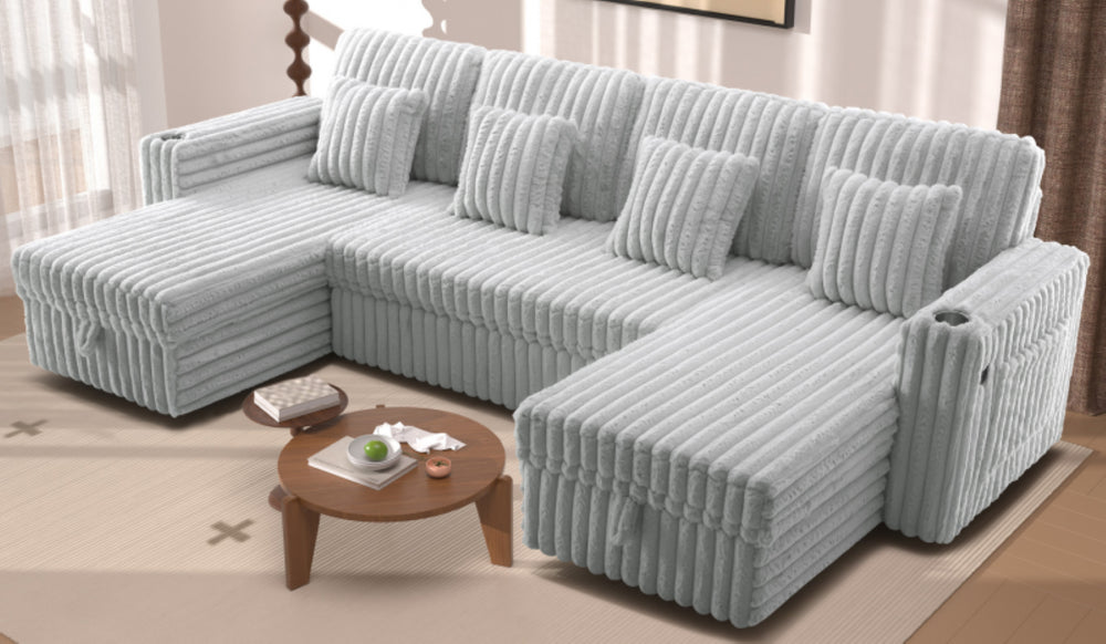 English Elm Oversized U-shaped Corduroy Sectional with Pull Out Sleeper Storage Chaise Usb Ports Light Gray W2564S00082