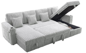 English Elm Oversized U-shaped Corduroy Sectional with Pull Out Sleeper Storage Chaise Usb Ports Light Gray W2564S00082