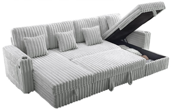 English Elm Oversized U-shaped Corduroy Sectional with Pull Out Sleeper Storage Chaise Usb Ports Light Gray W2564S00082