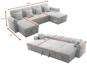 English Elm Oversized U-shaped Corduroy Sectional with Pull Out Sleeper Storage Chaise Usb Ports Light Gray W2564S00082