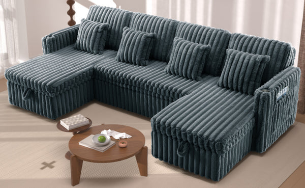 English Elm U Shaped Corduroy Plush Sectional Sleeper with Dual Storage Chaise and Built in Usb W2564S00099