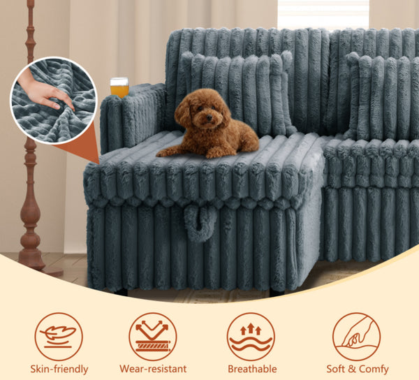 English Elm U Shaped Corduroy Plush Sectional Sleeper with Dual Storage Chaise and Built in Usb W2564S00099