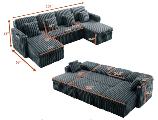 English Elm U Shaped Corduroy Plush Sectional Sleeper with Dual Storage Chaise and Built in Usb W2564S00099