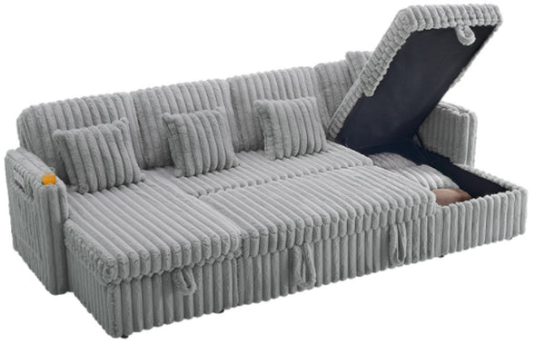 English Elm U Shaped Corduroy Sectional with Pull Out Sleeper Dual Storage Chaise Usb Ports W2564S00101
