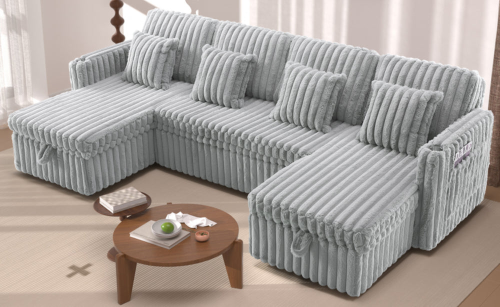English Elm U Shaped Corduroy Sectional with Pull Out Sleeper Dual Storage Chaise Usb Ports W2564S00101