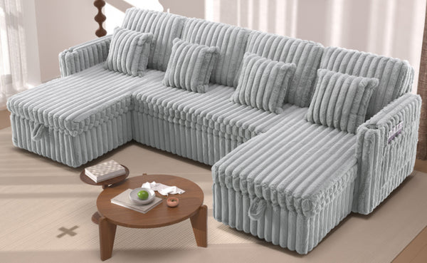 English Elm U Shaped Corduroy Sectional with Pull Out Sleeper Dual Storage Chaise Usb Ports W2564S00101