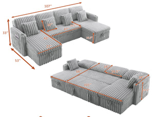 English Elm U Shaped Corduroy Sectional with Pull Out Sleeper Dual Storage Chaise Usb Ports W2564S00101