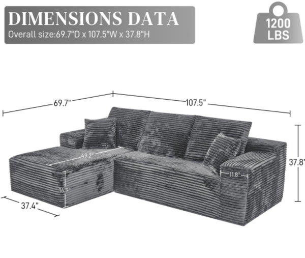 English Elm 107 Inch Modular Cloud Sectional Plush Corduroy Deep Seat Sofa for Spacious Living Rooms Dark Gray - B W2564S00112