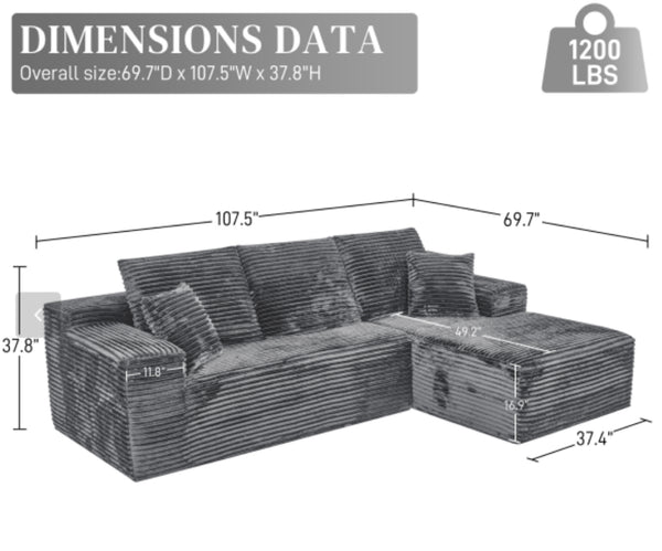 English Elm 107 Inch Modular Cloud Sectional Plush Corduroy Deep Seat Sofa for Spacious Living Rooms Dark Gray - A W2564S00113