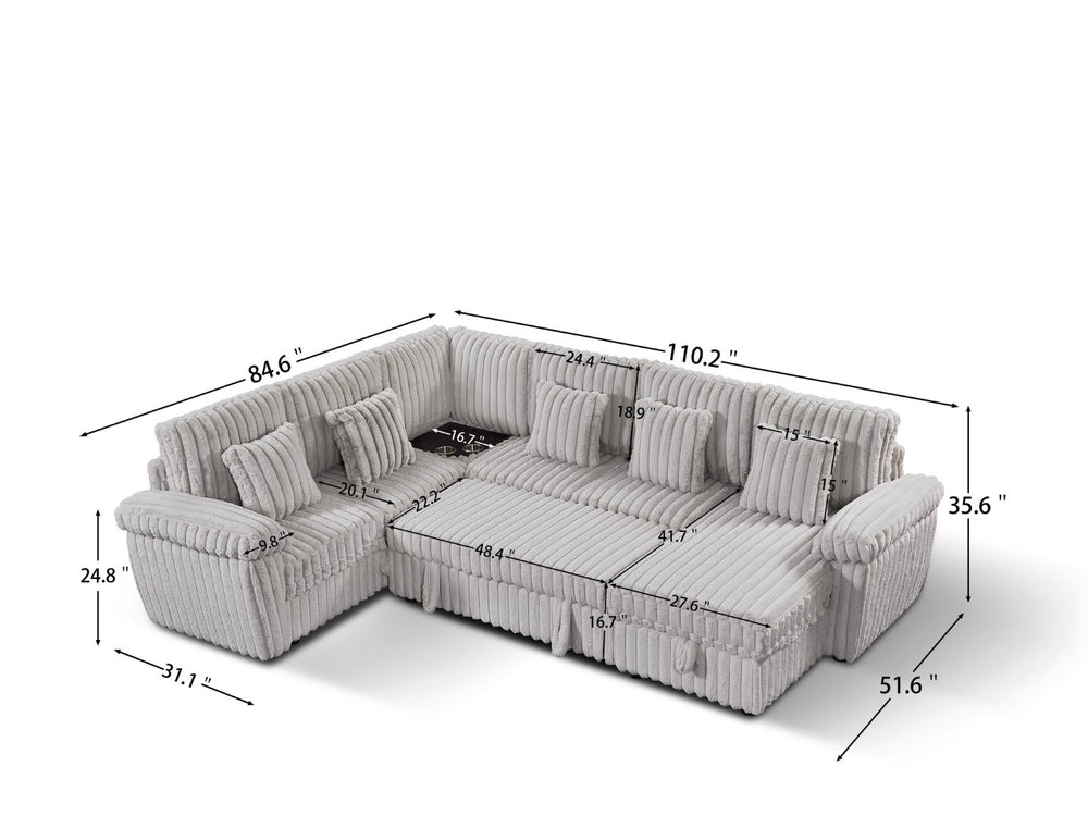 English Elm 103-inch U-shaped Corduroy Sectional Sofa with Sleeper Storage and Built-in Coffee Table W2564S00130