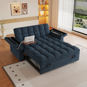 English Elm 65-Inch Velvet Folding Sofa Bed with Adjustable Backrest Storage Bag and Foam Cushioning Blue W2564S00133