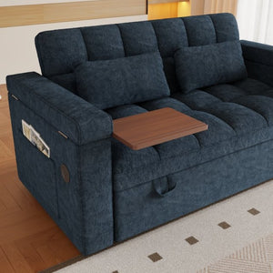 English Elm 65-Inch Velvet Folding Sofa Bed with Adjustable Backrest Storage Bag and Foam Cushioning Blue W2564S00133