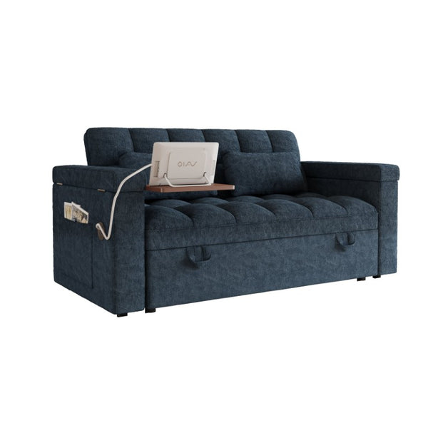English Elm 65-Inch Velvet Folding Sofa Bed with Adjustable Backrest Storage Bag and Foam Cushioning Blue W2564S00133