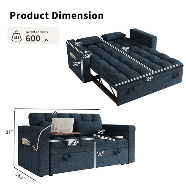 English Elm 65-Inch Velvet Folding Sofa Bed with Adjustable Backrest Storage Bag and Foam Cushioning Blue W2564S00133
