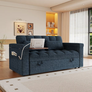 English Elm 65-Inch Velvet Folding Sofa Bed with Adjustable Backrest Storage Bag and Foam Cushioning Blue W2564S00133